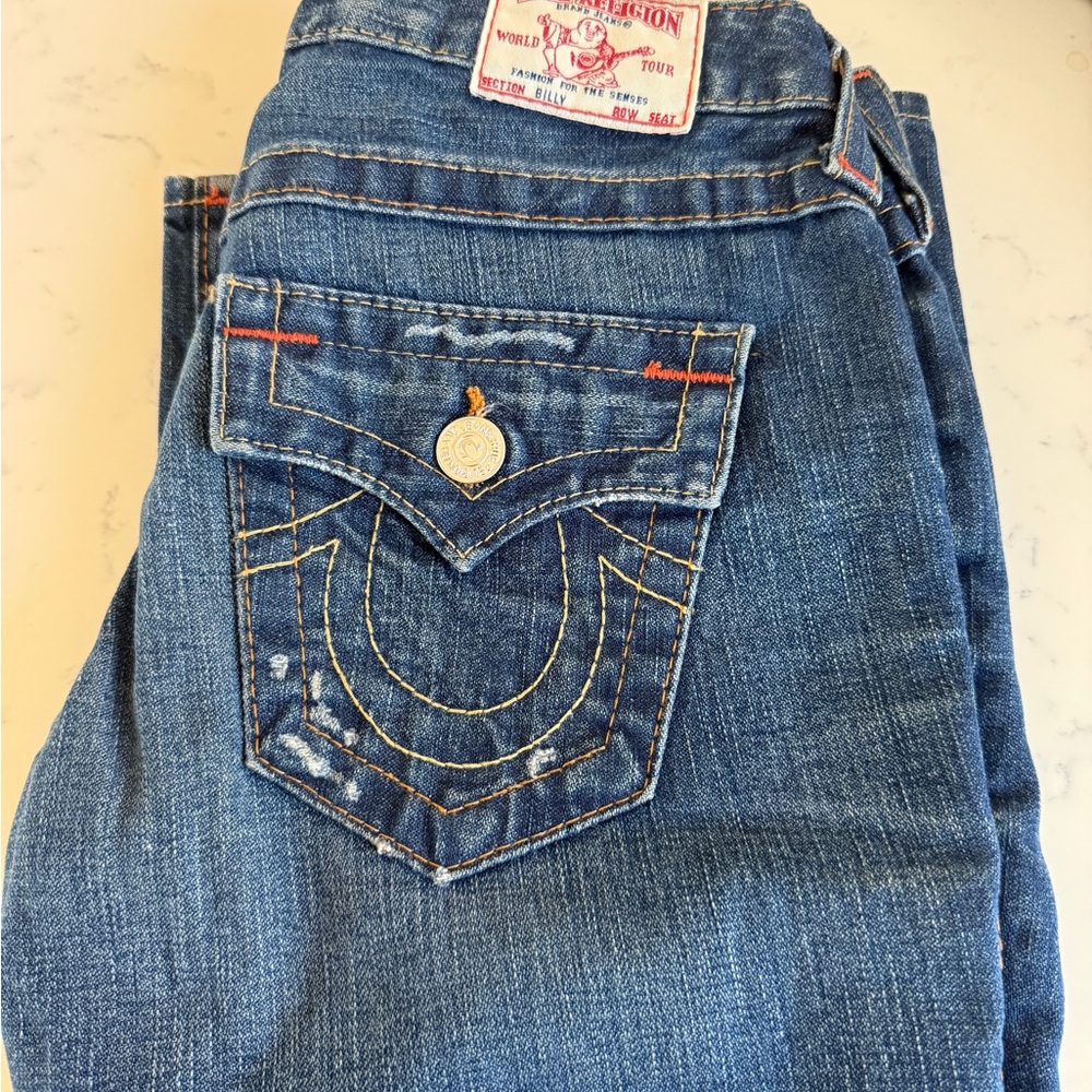 True Religion Blue Boot Cut Jeans with Signature Stitching